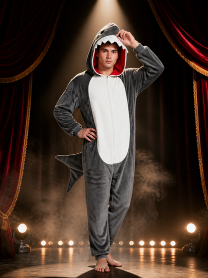 Shark Animal Hooded Jumpsuit Costume With Tail And White Belly Panel Costumes detail 3