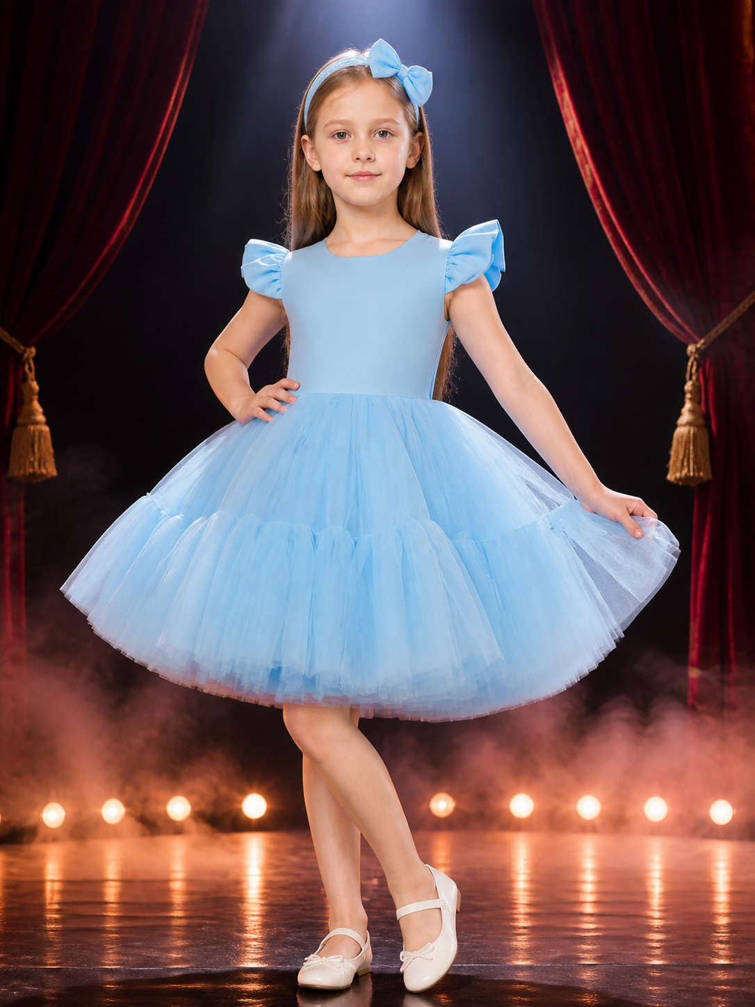 Girls' Blue Princess Dress Set with Lace Headband, Satin Bodice and Layered Costume Dresses detail 3
