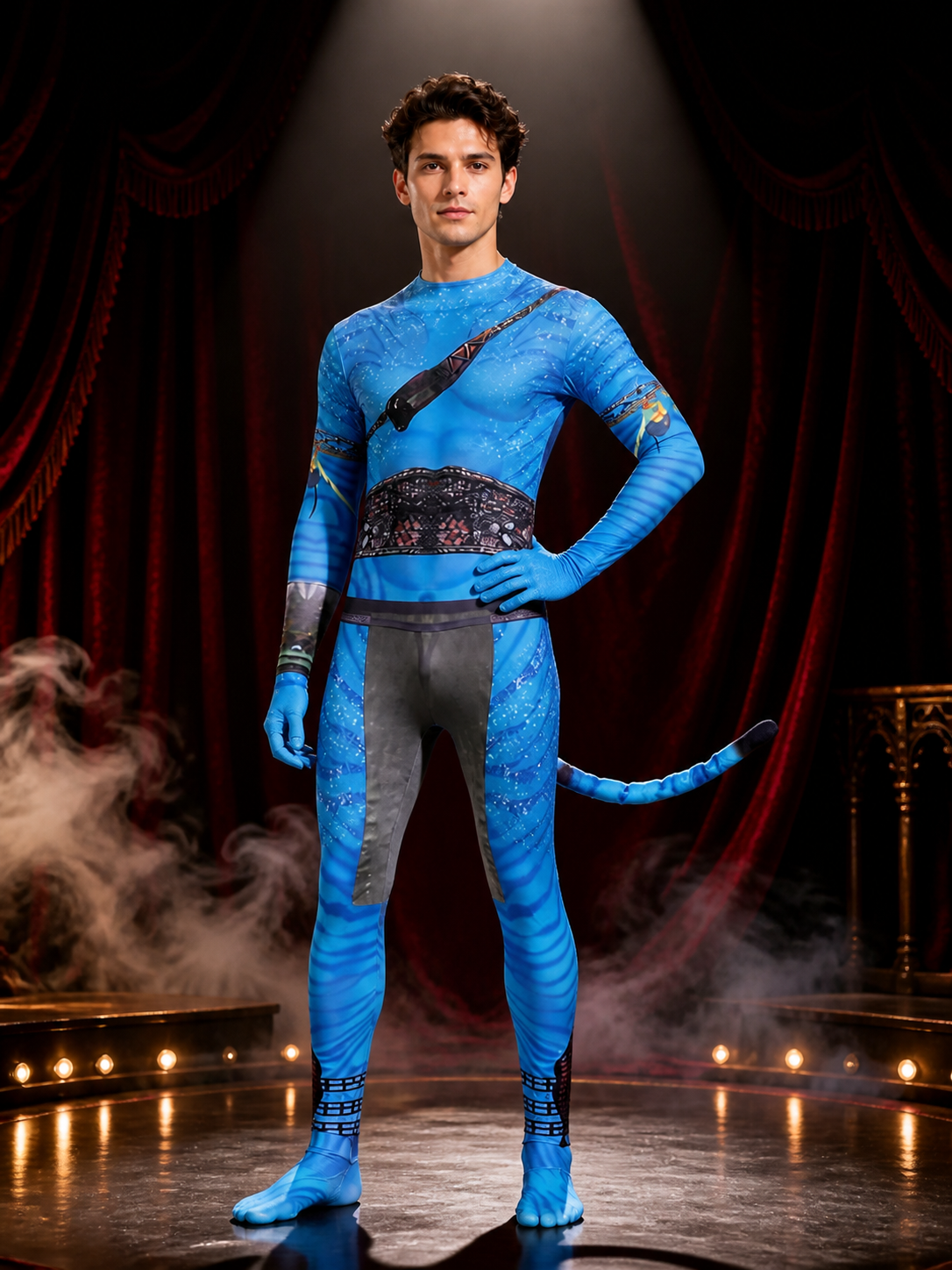 Blue Camouflage-Style Full-Body Cosplay Jumpsuit With Tail on-model stage scene view