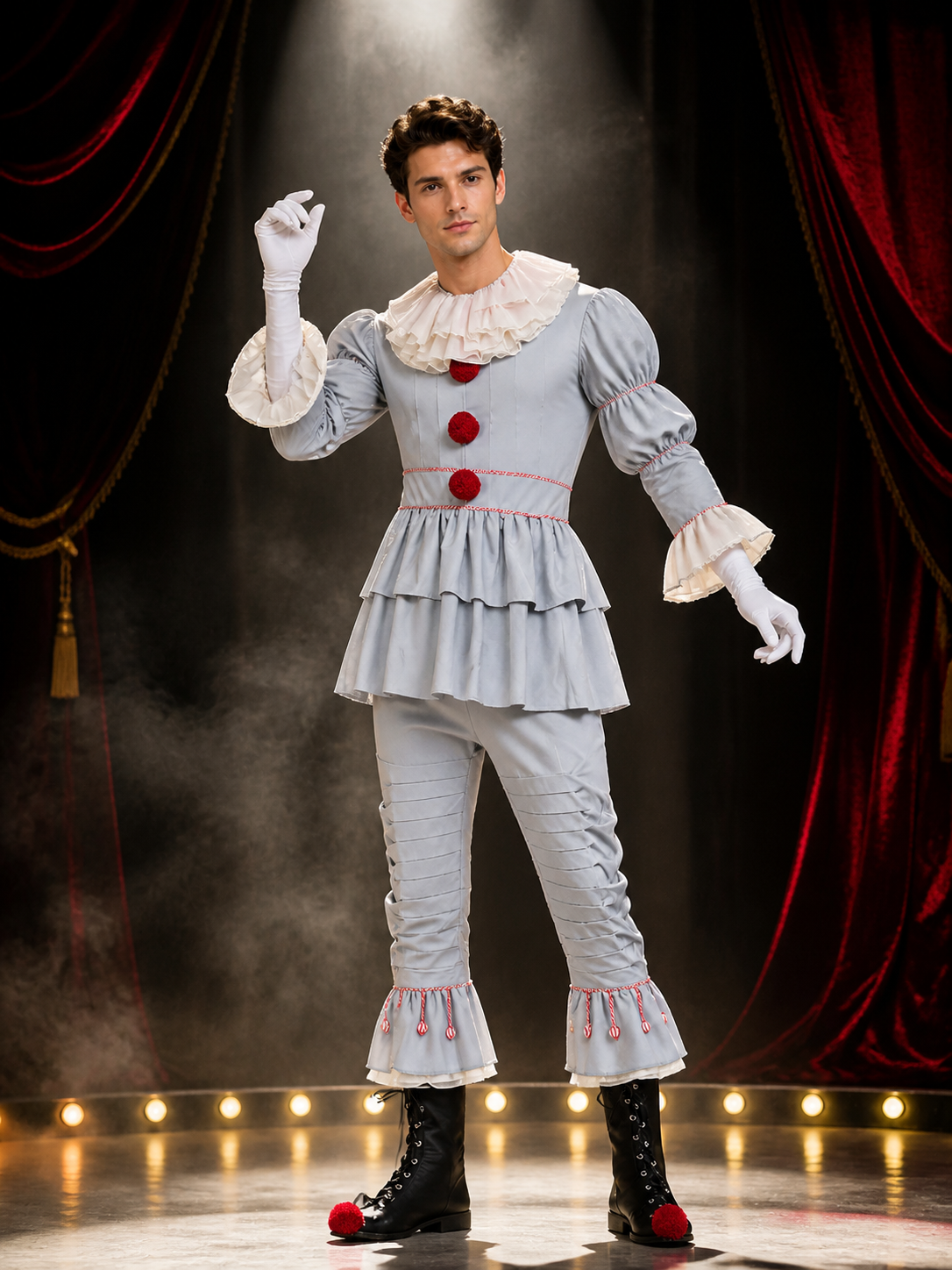 Adult Clown Jumpsuit Costume with Ruffle Trim and Red Pom Poms, Halloween Costumes detail 3