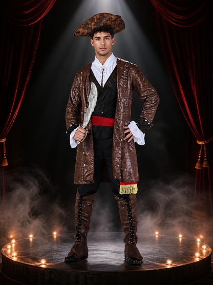 Adult Pirate Captain Halloween Costume Set, Brown Long Coat with Red Sash, Gold Costumes detail 3