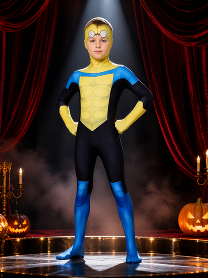 Blue Yellow Black Superhero Hooded Full-Body Jumpsuit Costume Costumes detail 3
