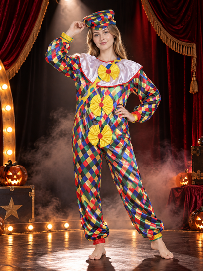 Clown Costume with Hat, Multicolor, Diamond Pattern, with Bows