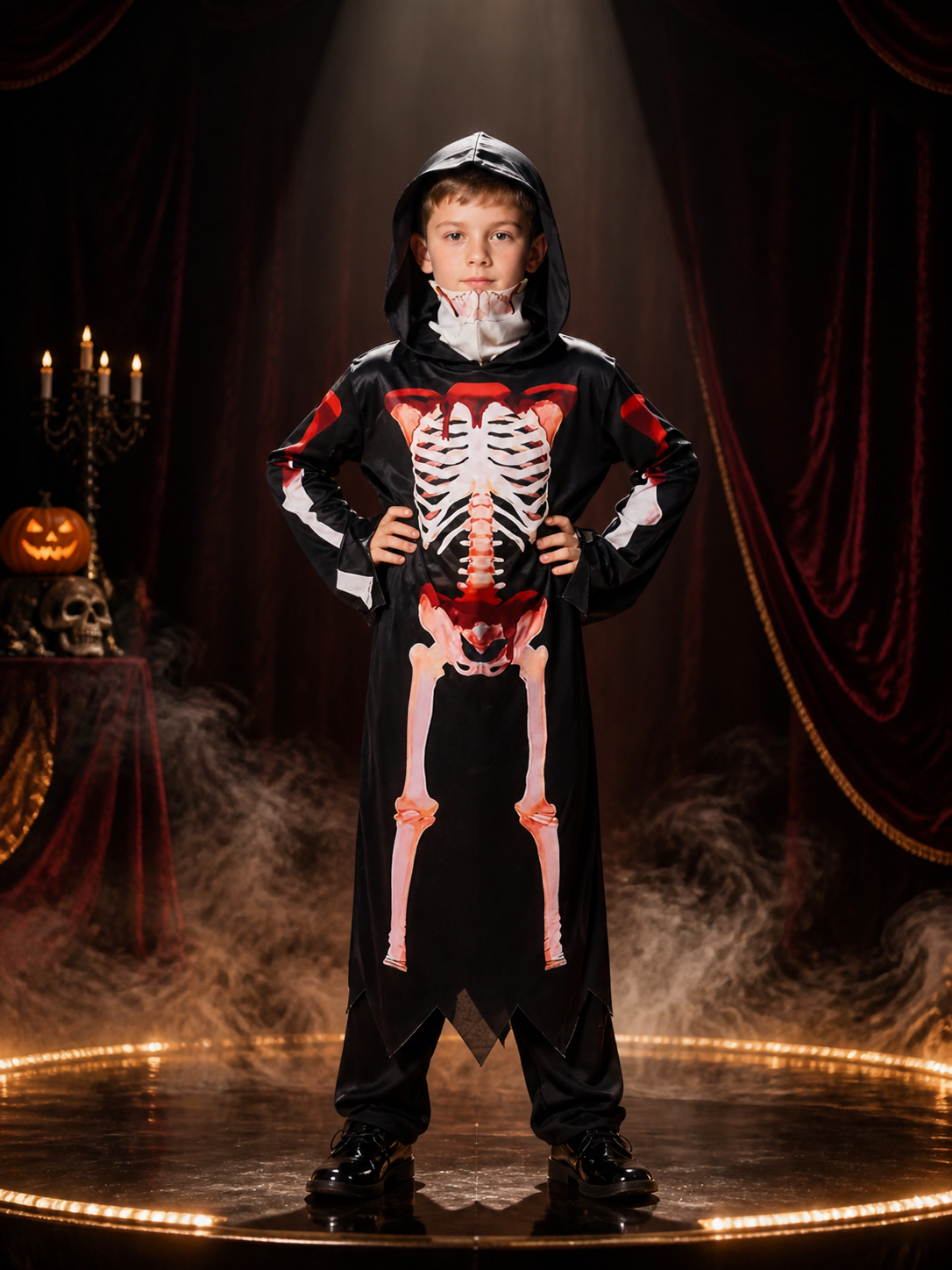 Hooded Skeleton Jumpsuit Costume with Full Bone Print for Halloween