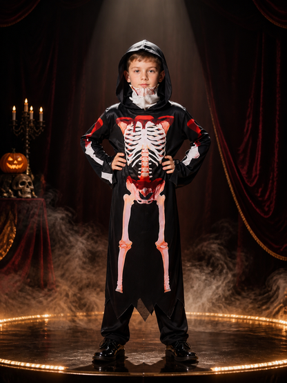 Hooded Skeleton Jumpsuit Costume with Full Bone Print for Halloween