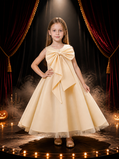 Girls' Champagne Flower Girl Dress with Large Bow and Layered Tulle Skirt Costume Dresses detail 3