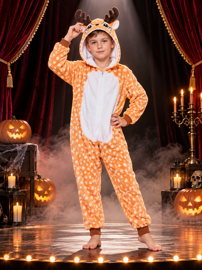 Orange Fleece Pajama Jumpsuit with Hood and Ears