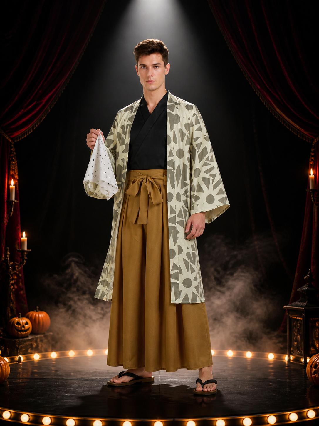 Demon Slayer Haganezuka Cosplay Costume Set with Gray Geometric Jacket and Polka Costumes detail 3