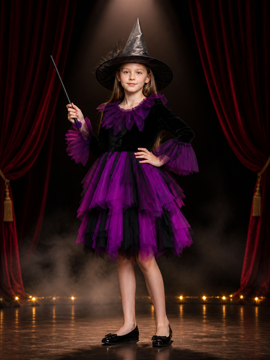 Women's Witch Costume Set, Black & Purple Layered Tulle Dress for Halloween Costume Dresses detail 3