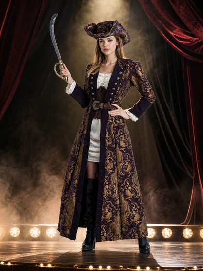 Adult Pirate Costume Set, Dark Purple And Gold Long Coat With Tricorn Hat, Waist Costume Headwear detail 3