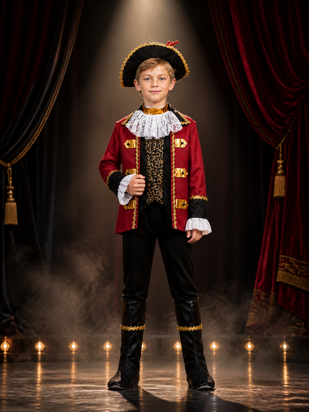 Kids Pirate Captain Costume Set, Red Coat with Gold Trim, Tricorn Hat, and
