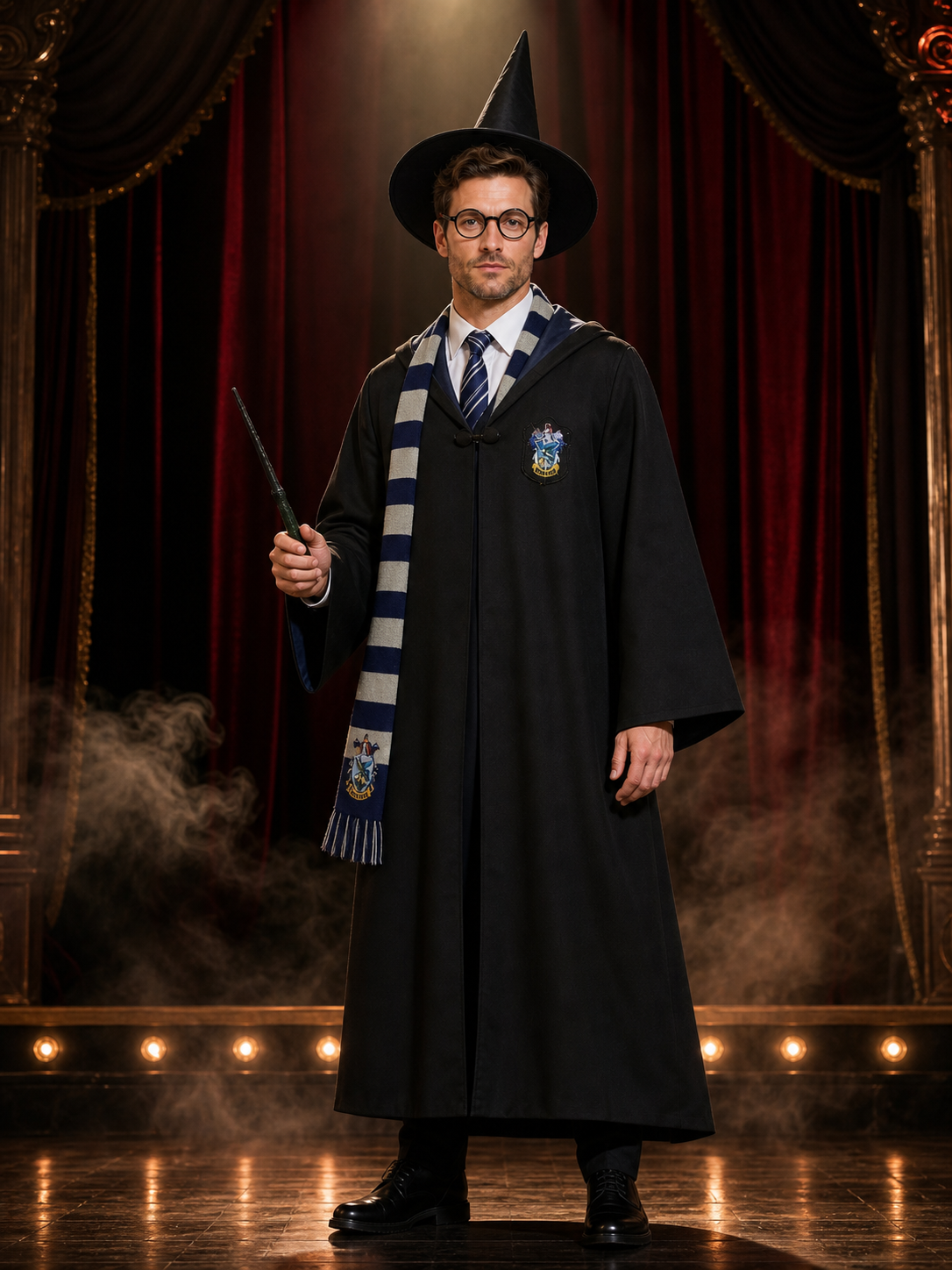 Wizard Costume Set with Robe, Hat, Glasses, Wand, Scarf and Tie Costume Headwear detail 3