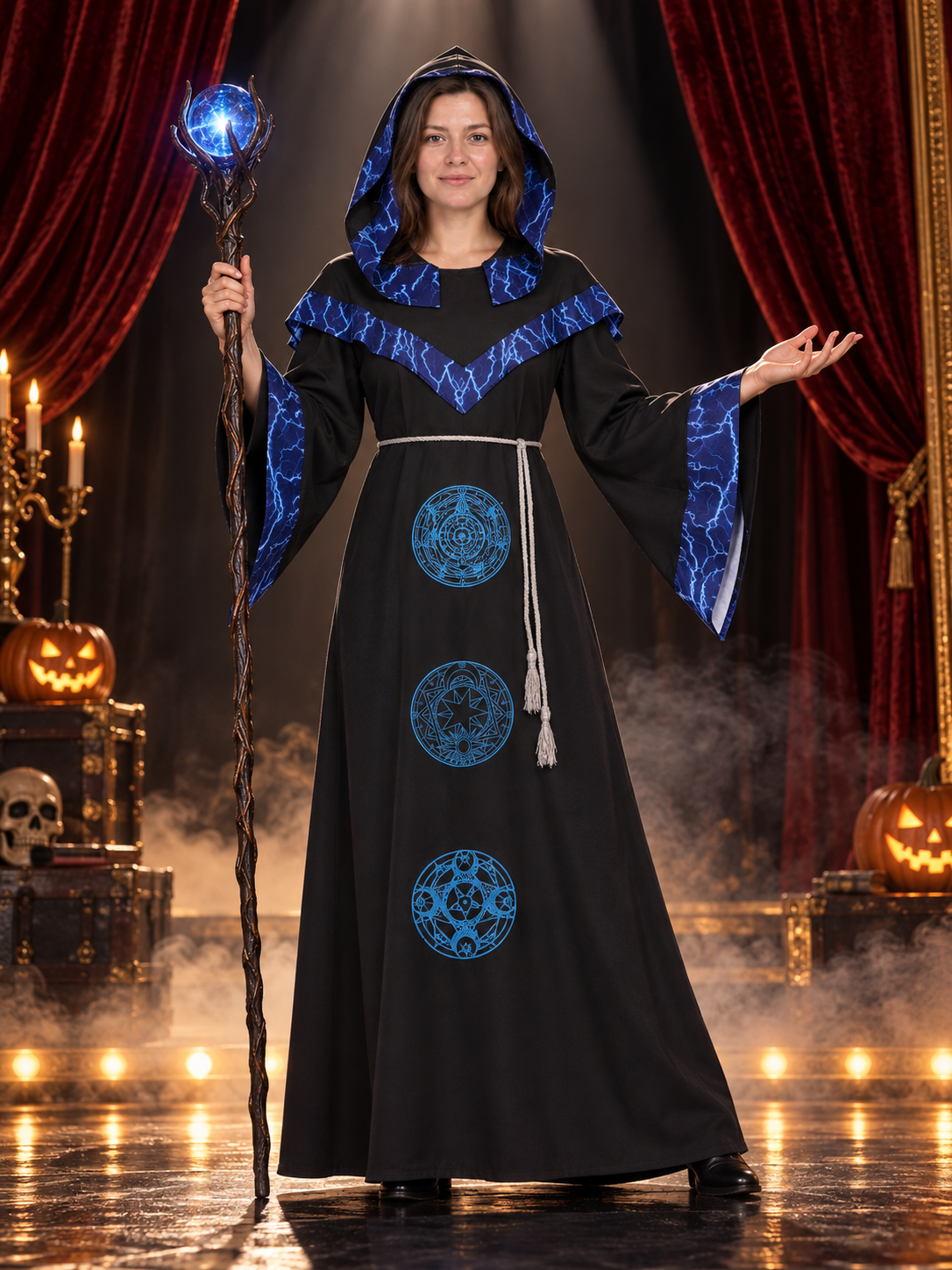 Black wizard robe with blue lightning bolts and a hood