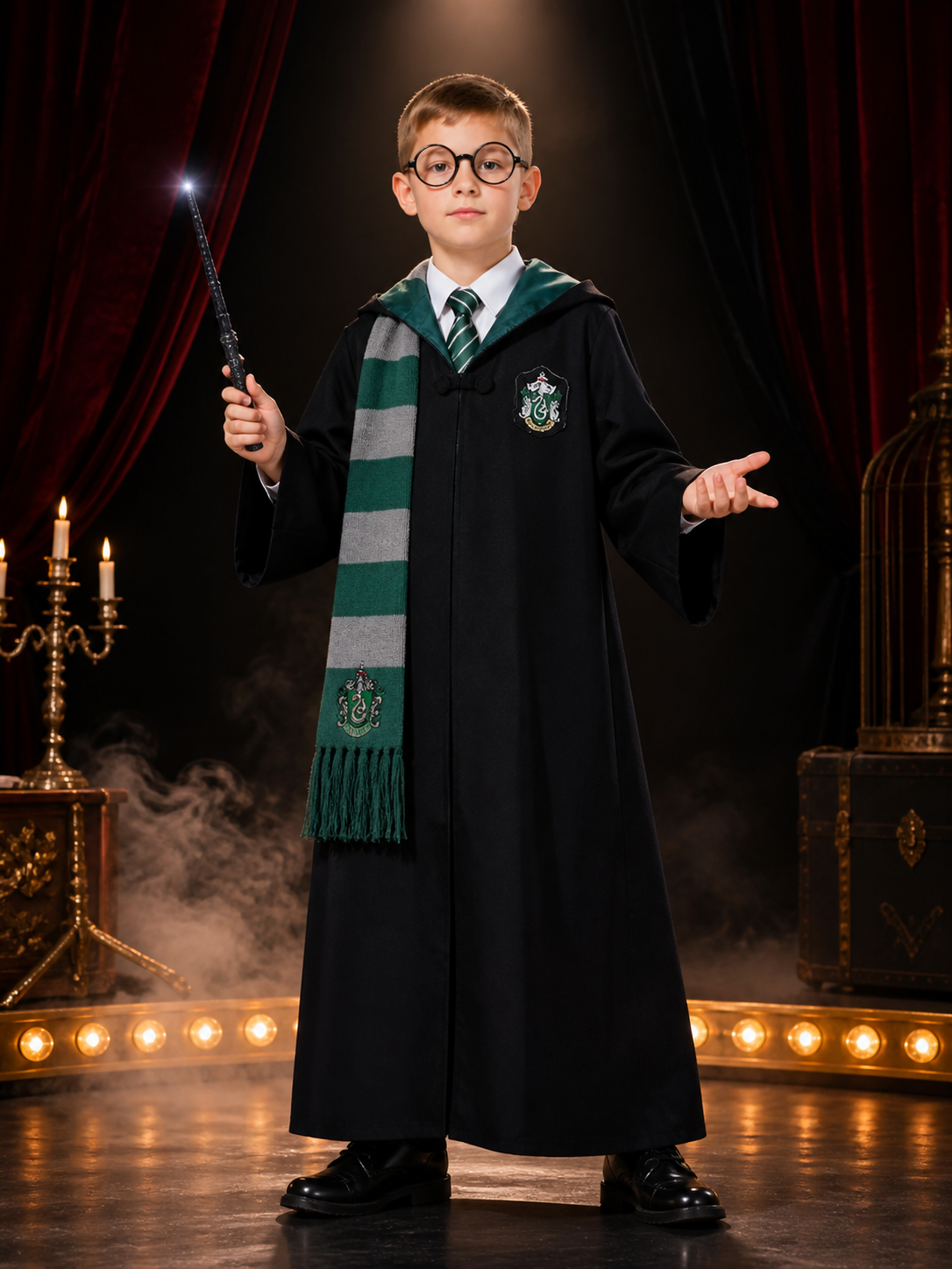 Kids Slytherin Wizard Costume Set, Hooded Robe With Scarf, Tie, Glasses And Wand Costume Accessories detail 3