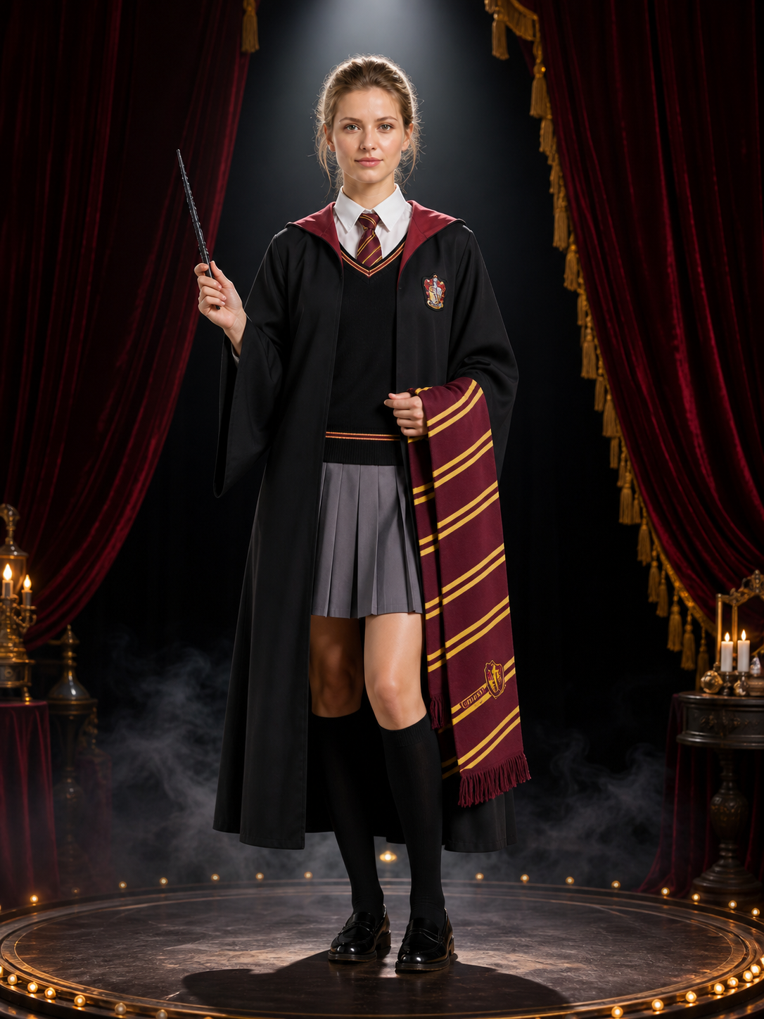 Kids Wizard Costume Set, Hooded Robe, Shirt, Pleated Skirt, Vest, Tie, Scarf and Costumes detail 3