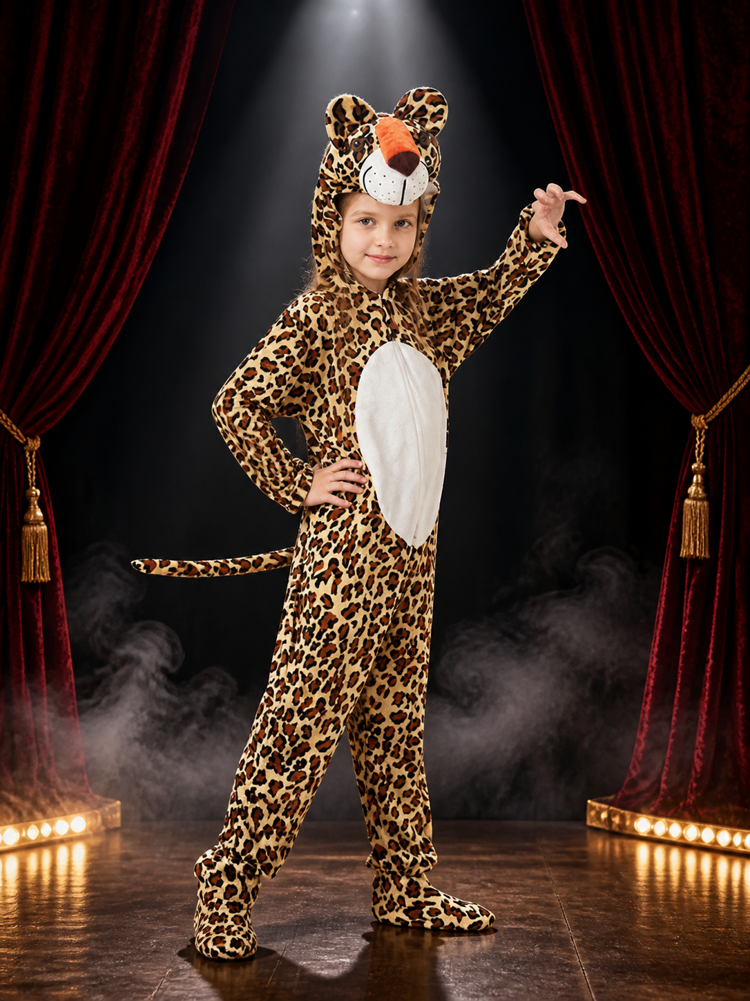 Kids Leopard Animal Onesie Costume with Hood and Tail, Footed Pants Costumes detail 3