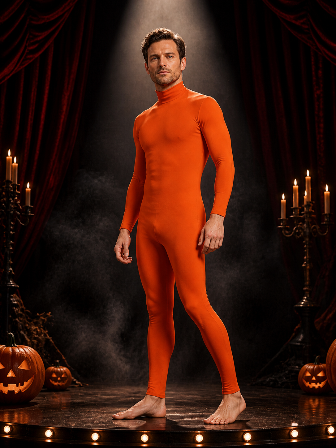 Unisex Spider Halloween Bodysuit Costume, Solid Orange Zentai with Face Opening Costumes detail 3