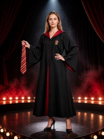 Wizard Robe Costume Set, Black Long Cloak with Red Lining, Striped Tie and Badge Costume Capes detail 3