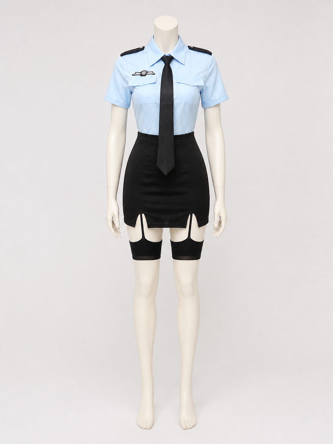 Women's Police Officer Cosplay Costume Set, Light Blue Top with Black Tie and Costumes detail 3