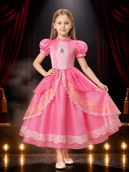 Kids' Pink Princess Costume Dress with Lace Trim, Puff Sleeves and Layered Skirt Costume Dresses detail 3