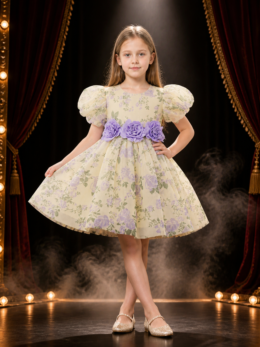 Girls' Floral Princess Dress With Puff Sleeves and 3D Flowers Costume Dresses detail 3