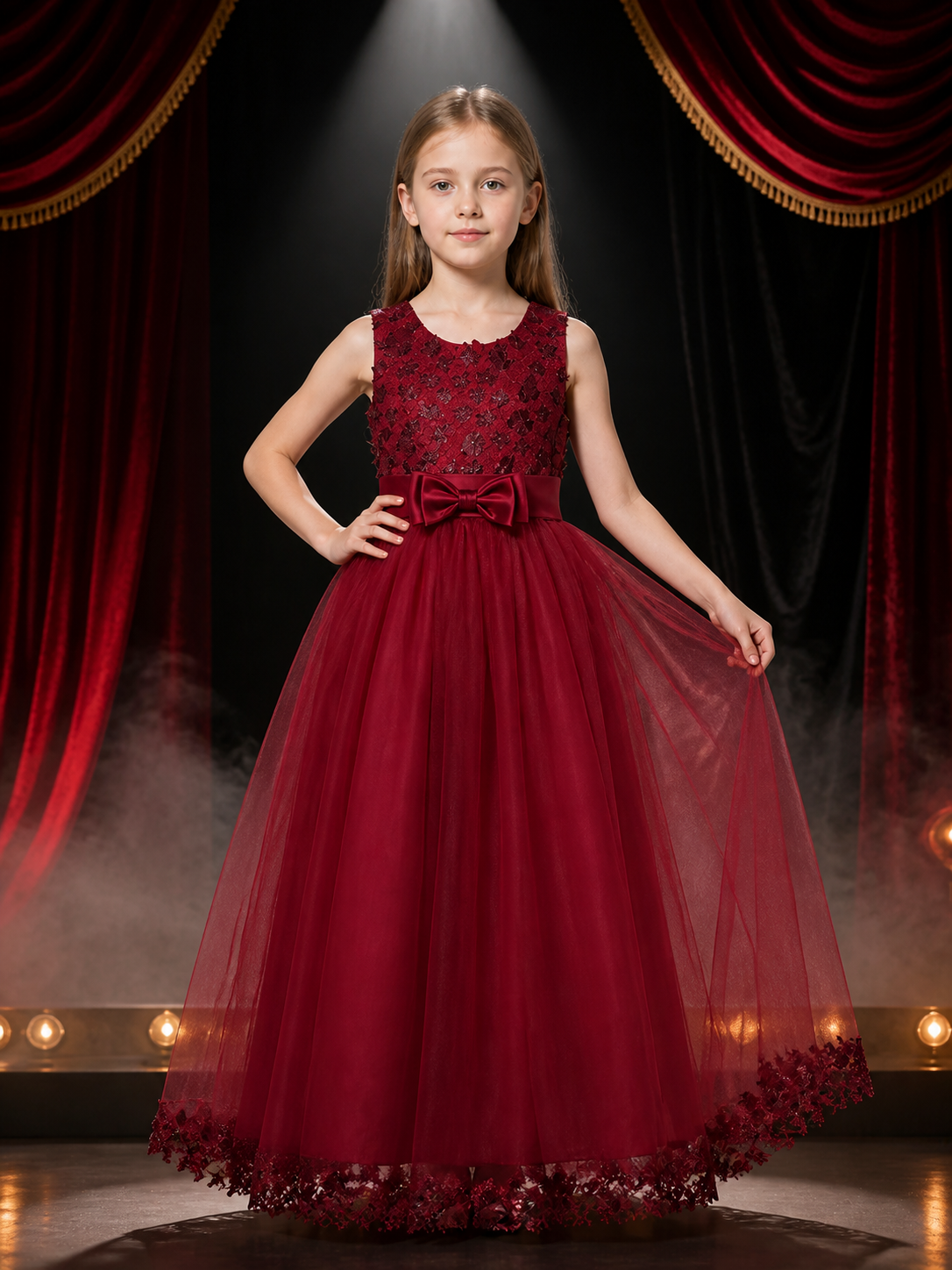 Red Princess Formal Dress, Sleeveless Lace Bodice, Layered Tulle Skirt Costume Dresses detail 3