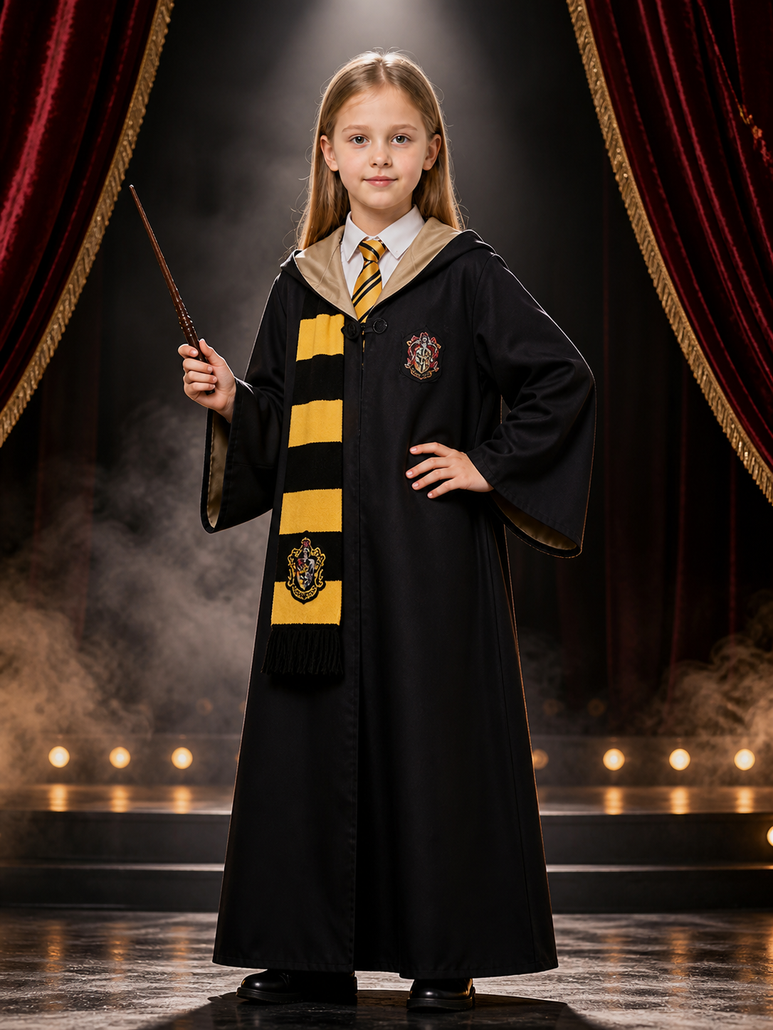 Kids Wizard Costume Set - Black Hooded Robe with Academy Crest & Yellow Black Costumes detail 3