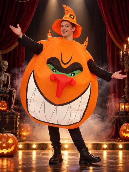 Inflatable Pumpkin Costume with Orange Hat and Fan