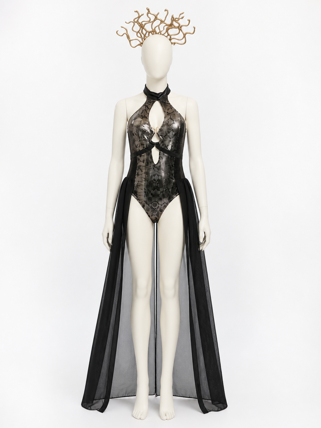 Egyptian Queen Bodysuit Costume With Cutout Design, Headpiece And Sheer Side Costume Headwear detail 3