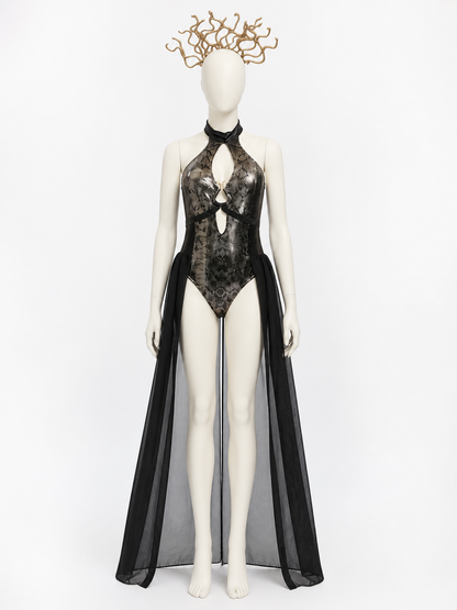 Egyptian Queen Bodysuit Costume With Cutout Design, Headpiece And Sheer Side Costume Headwear detail 3