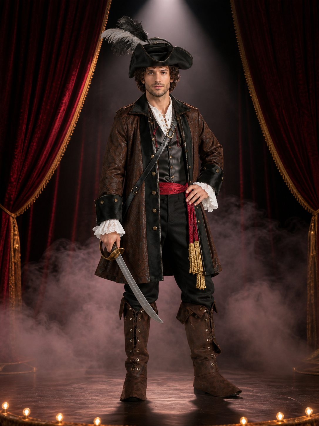 Adult Pirate Costume Set with Tricorn Hat, Long Coat, Belt and Boot Covers Costume Headwear detail 3