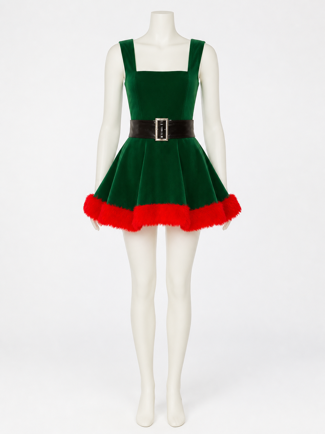 Women's Green Christmas Tree Princess Dress with Red Fur Trim and Black Belt