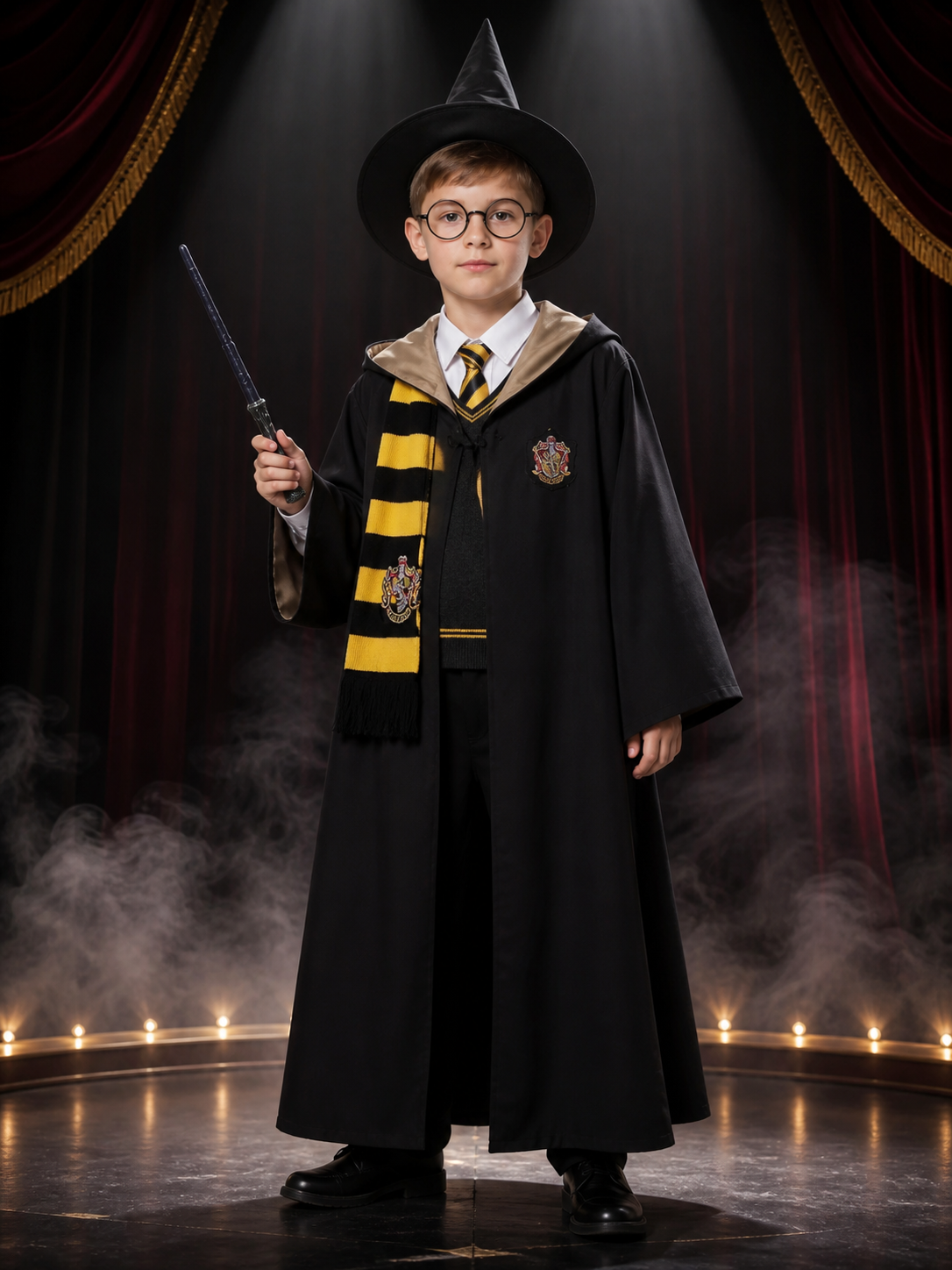 Kids Wizard Costume Set With Hooded Cloak, Hat, Scarf, Glasses, Vest, Shirt And