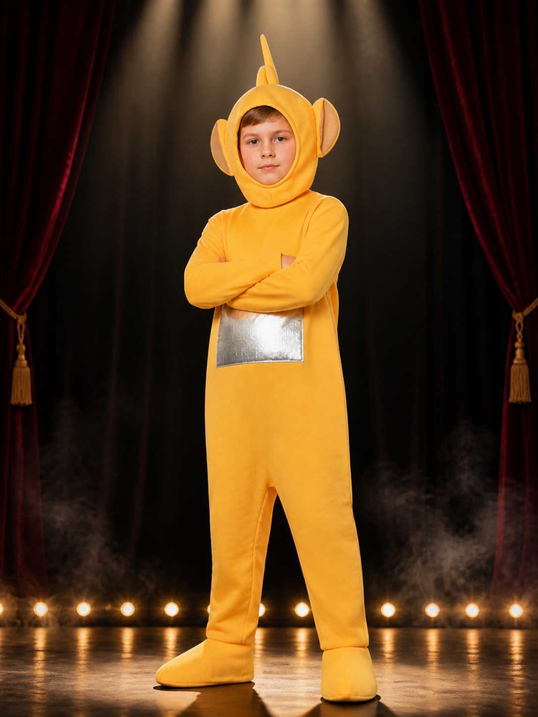 Adult Yellow Cartoon Character Footed Onesie Costume with Antenna and Silver Costumes detail 3