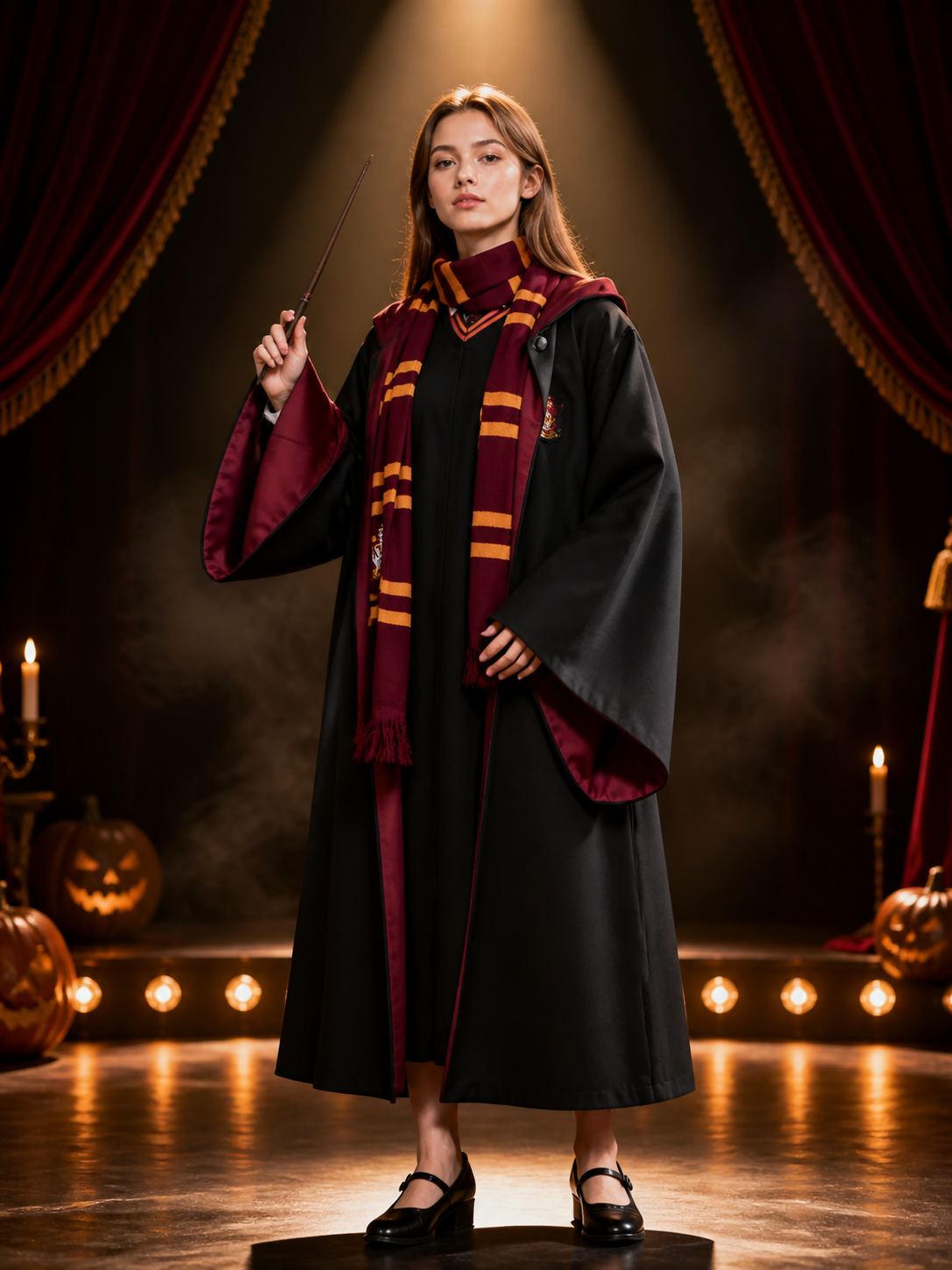 Halloween Wizard Robe Costume Set with Red and Gold Striped Scarf, Black Cloak Costume Capes detail 3
