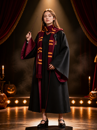 Halloween Wizard Robe Costume Set with Red and Gold Striped Scarf, Black Cloak Costume Capes detail 3