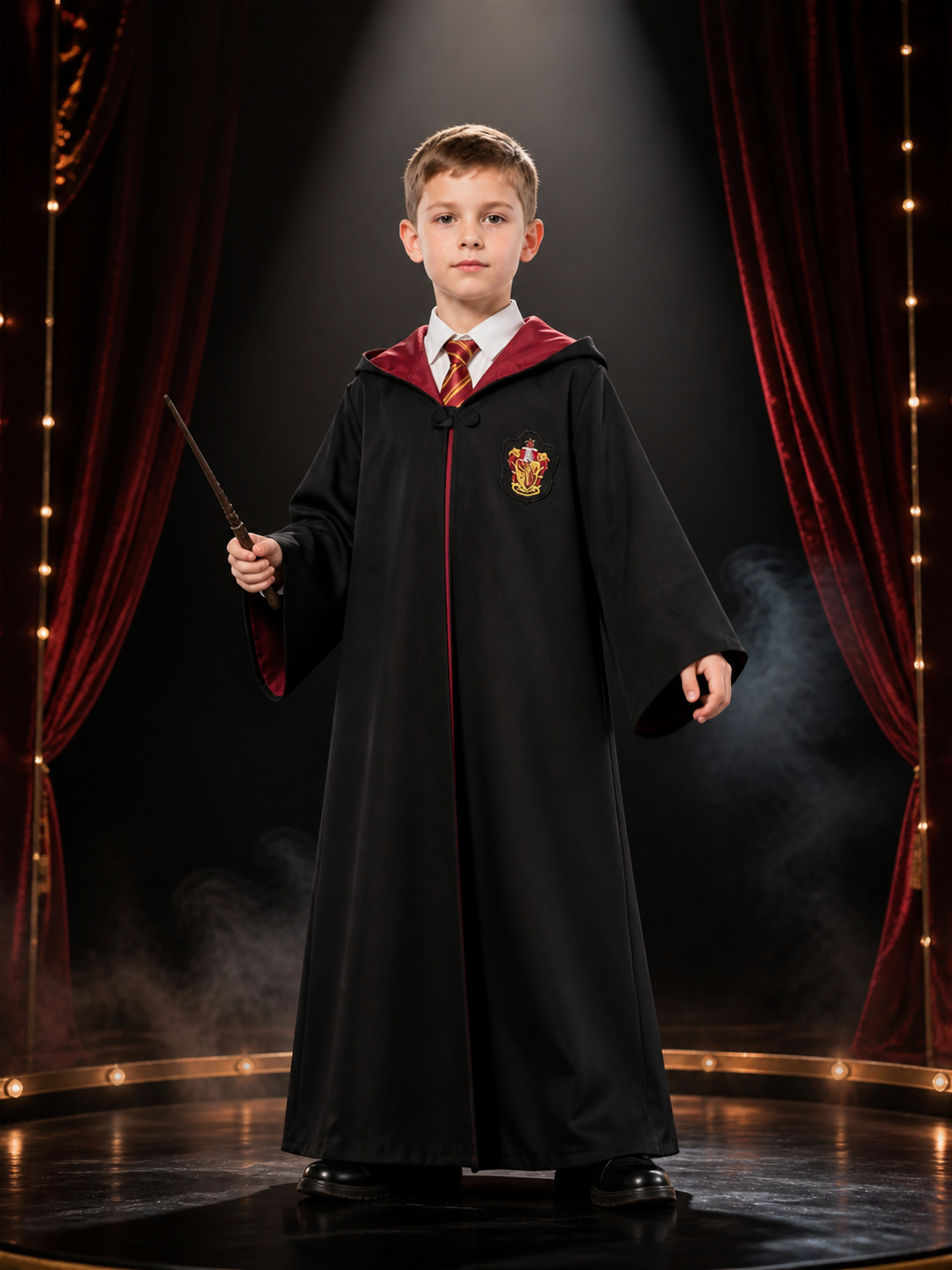 Children's Hooded Wizard Robe Costume Set With Tie and School Crest Costumes detail 3
