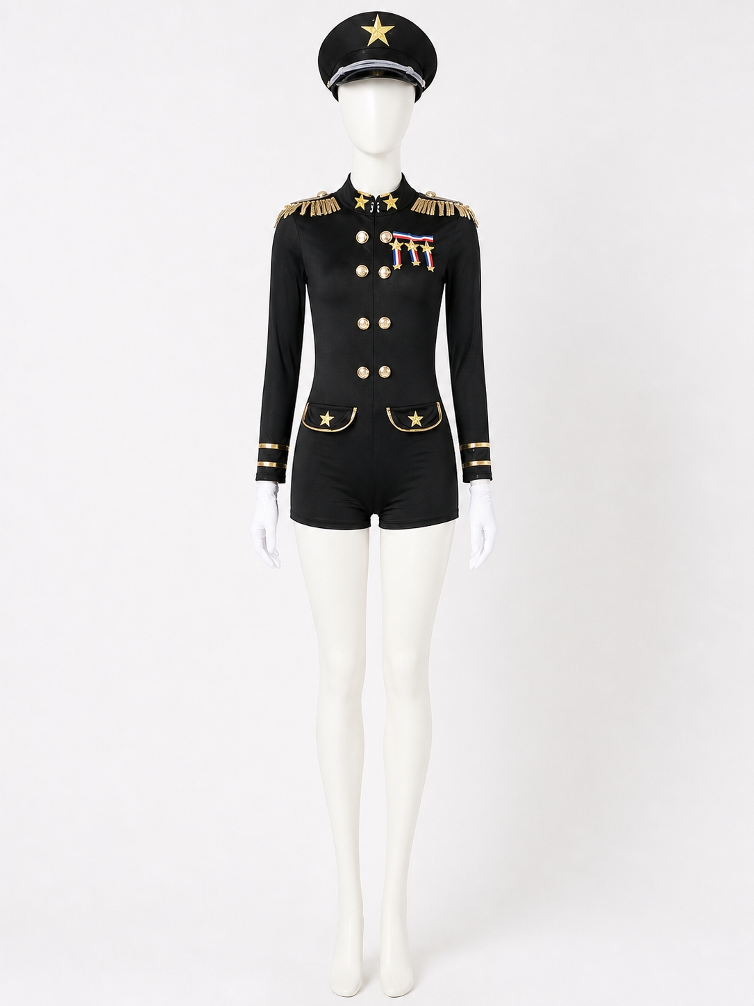 Women's Police Officer Costume, Gold Trim Jumpsuit with Hat and Gloves Costume Headwear detail 3
