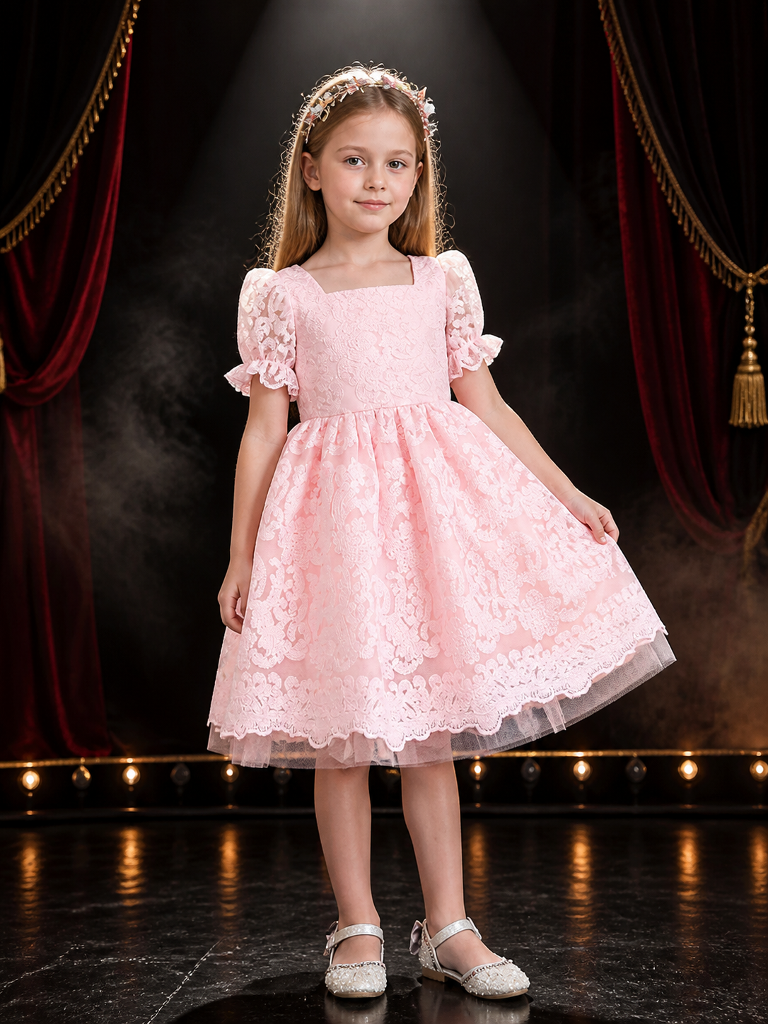 Girls' Pink Lace Princess Dress, Square Neck, Floral Pattern, Puff Skirt Costume Dresses detail 3