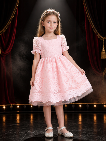 Girls' Pink Lace Princess Dress, Square Neck, Floral Pattern, Puff Skirt Costume Dresses detail 3