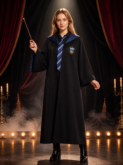 Wizard Robe Costume Set, Long-Sleeve Black Cloak With Blue-White Striped Tie Costume Capes detail 3