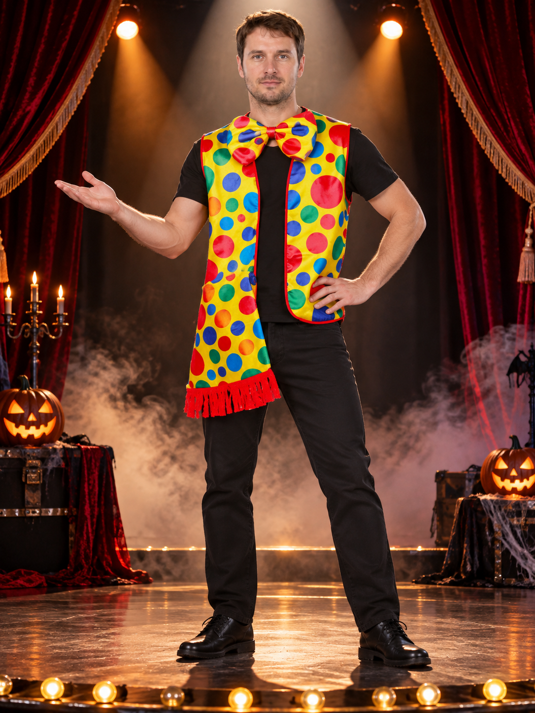 Yellow Clown Vest with Polka Dots and Bow Tie
