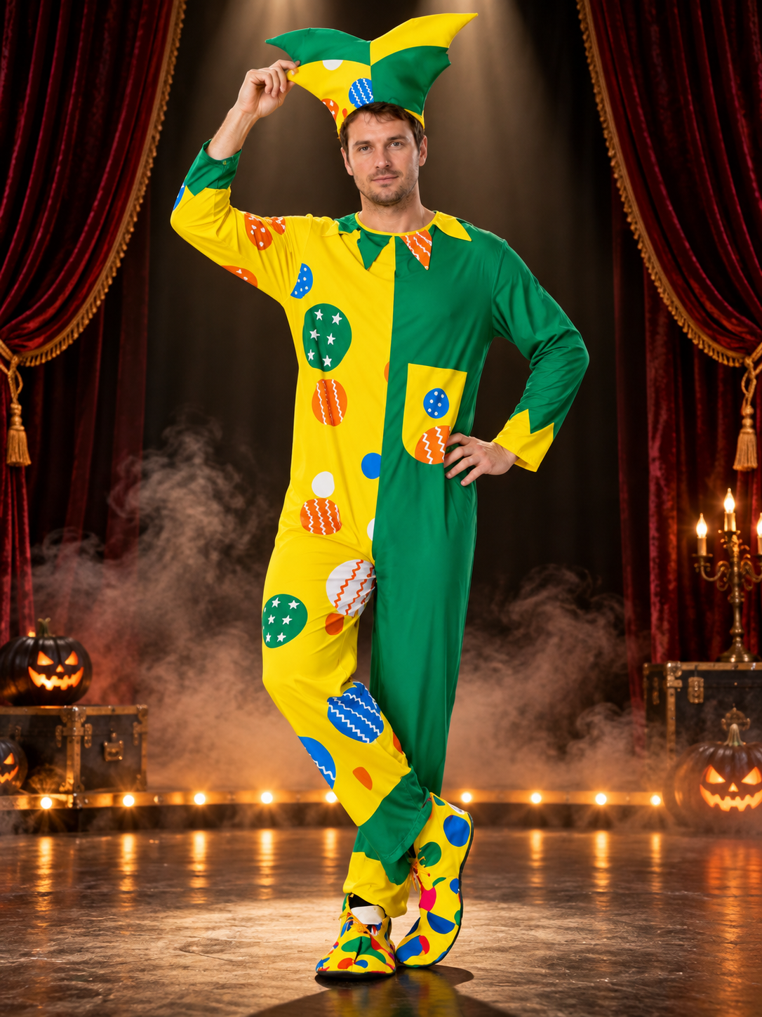 Asymmetrical Yellow-Green Clown Costume with Hat