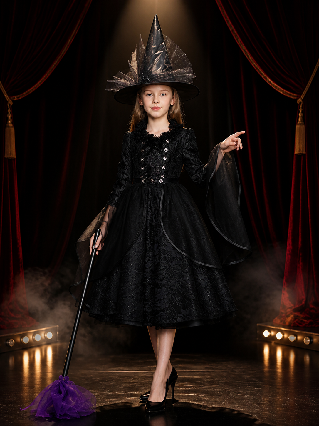 Black Gothic Witch Costume Set with Dress and Hat, Mesh Trim, Halloween Outfit
