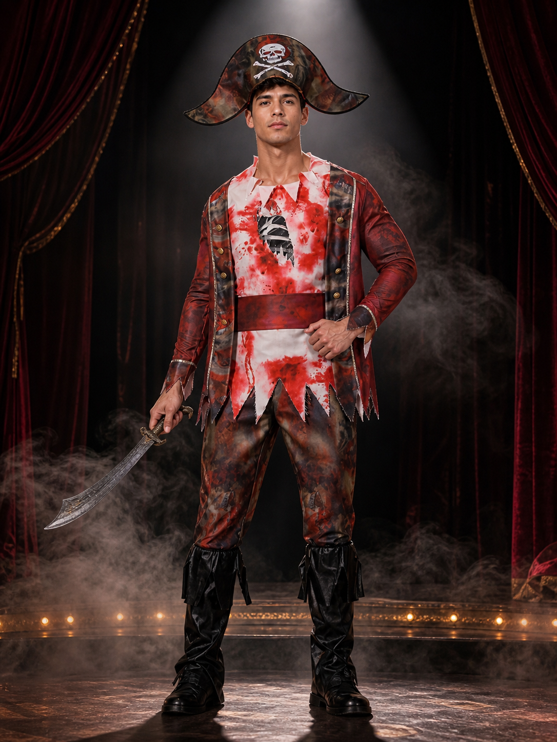 Men's Red Black Pirate Costume Set with Skull and Crossbones Hat, Jacket, Pants Costume Headwear detail 3