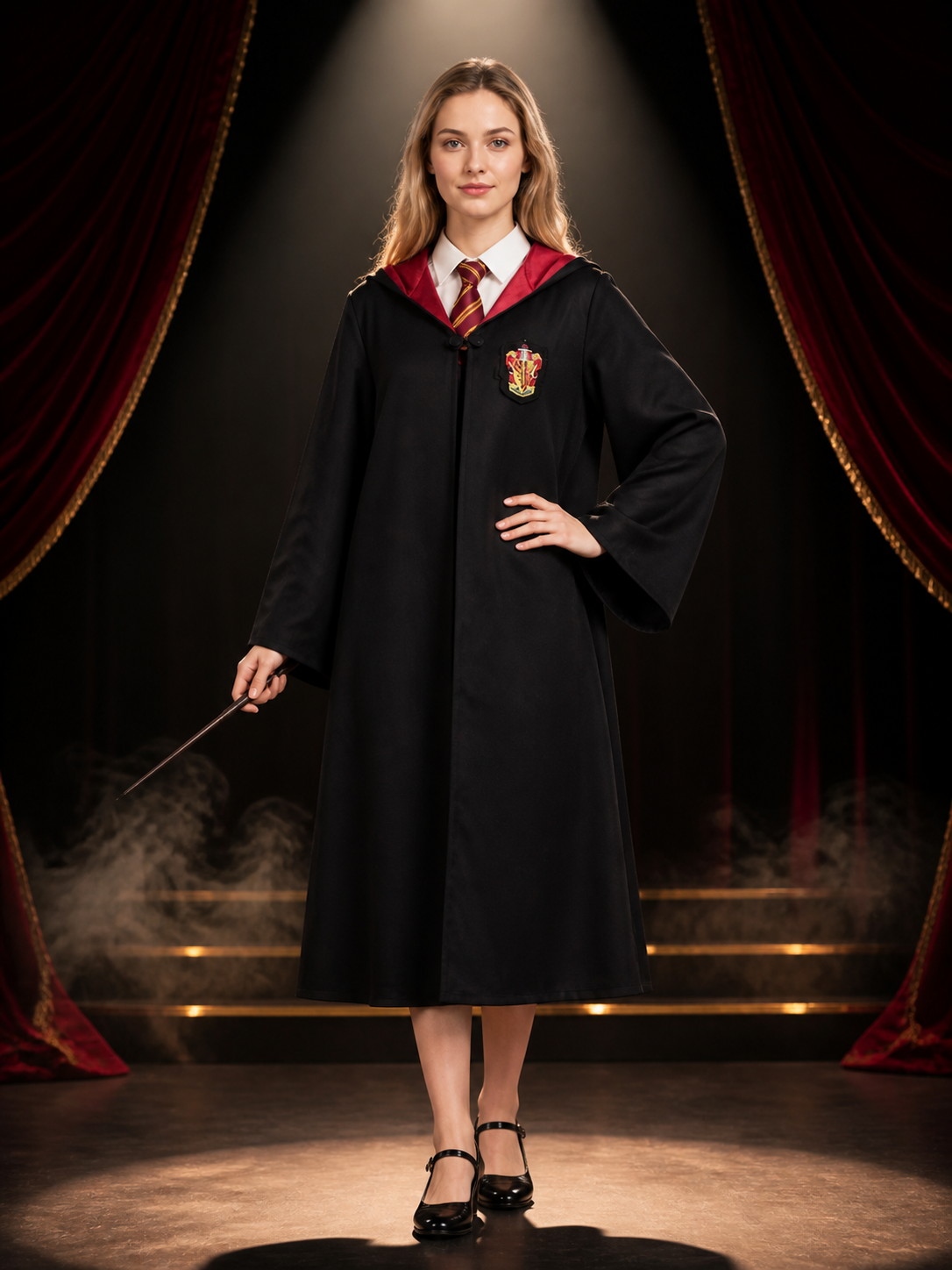 Unisex Wizard Robe Costume Set with Tie, Black Hooded Halloween Outfit Costumes detail 3