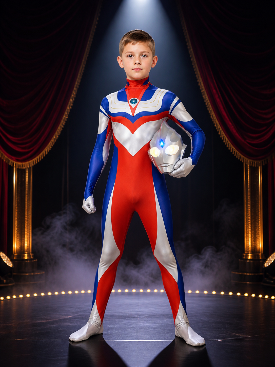 Unisex Superhero Bodysuit Costume with Light-Up Mask, Red Blue White Silver Costume Masks detail 3