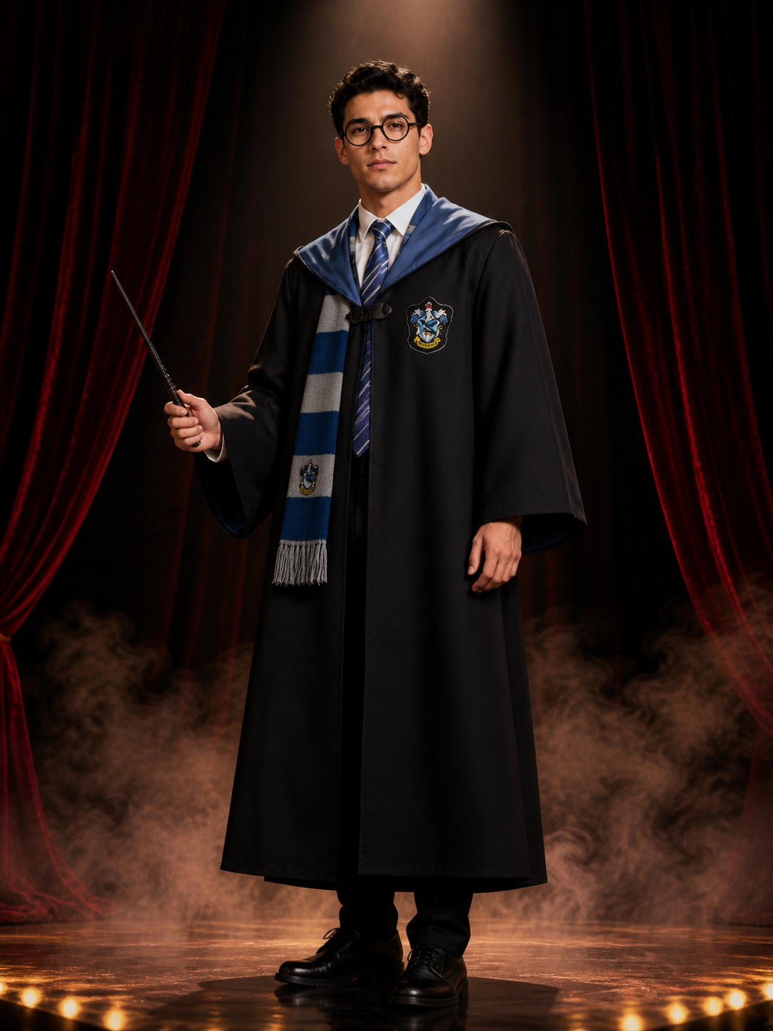 Wizard Robe Costume Set with House Crest, Stripe Tie, Scarf, Glasses & Magic Costumes detail 3