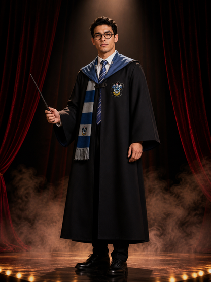 Wizard Robe Costume Set with House Crest, Stripe Tie, Scarf, Glasses & Magic Costumes detail 3