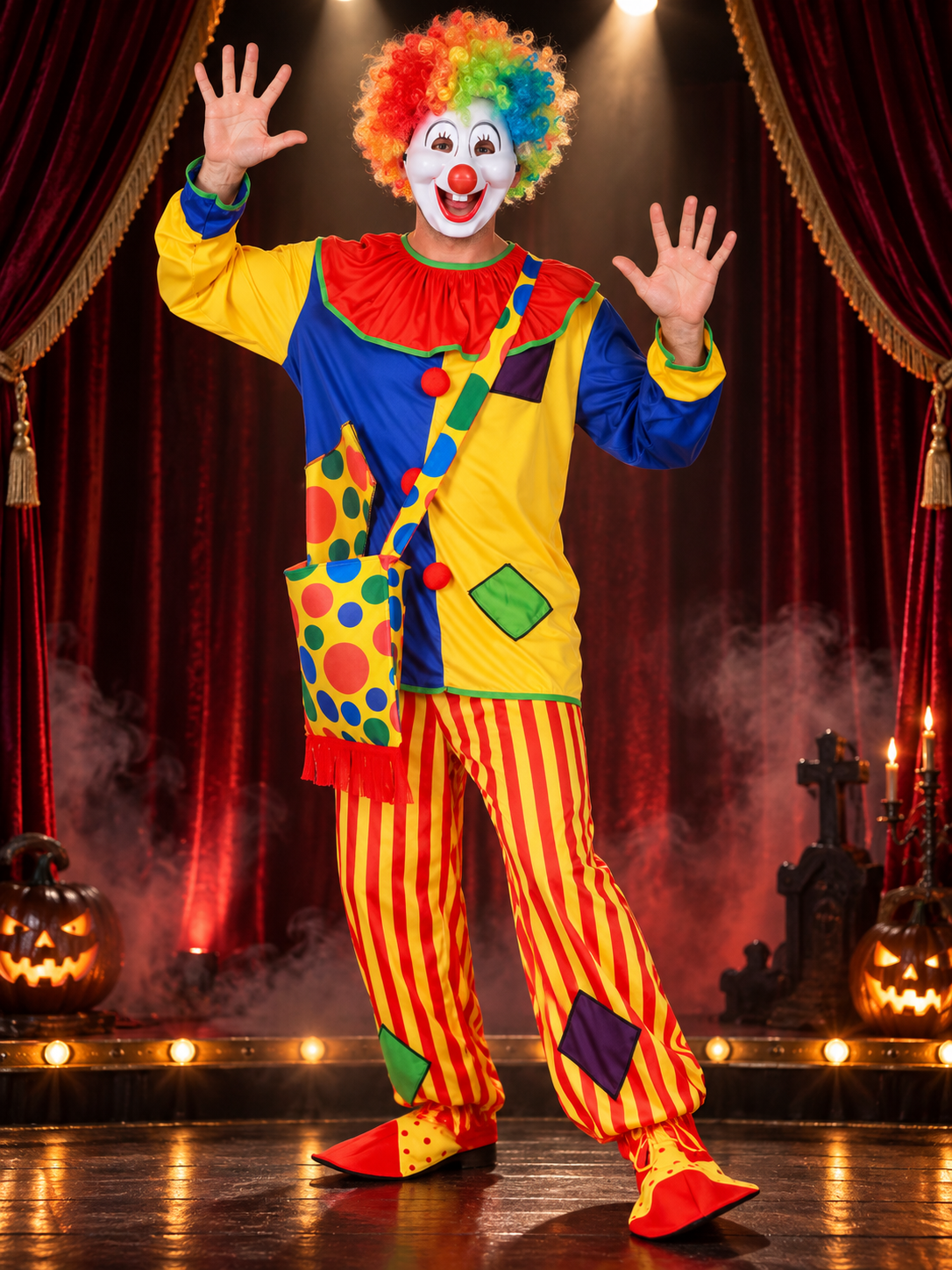 Colorful Adult Clown Costume with Wig and Mask